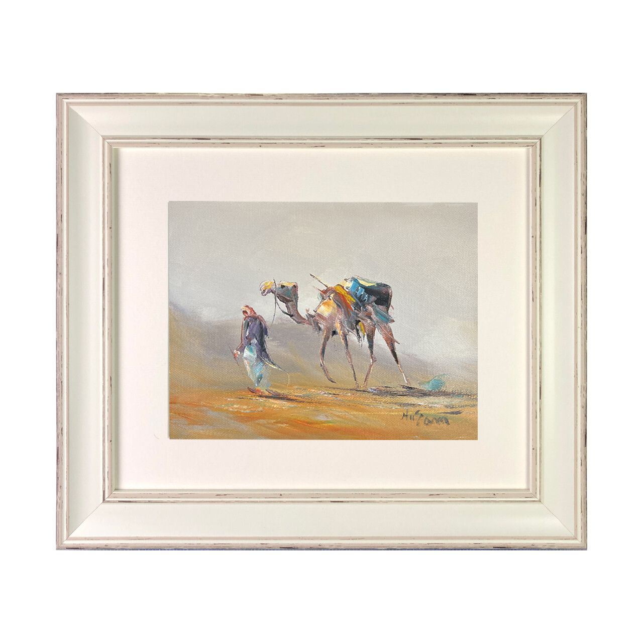 Bedouin Leading Camel through a Hazy Desert - Knife Art Oil Painting in a white distressed frame., Frame: Distressed frame