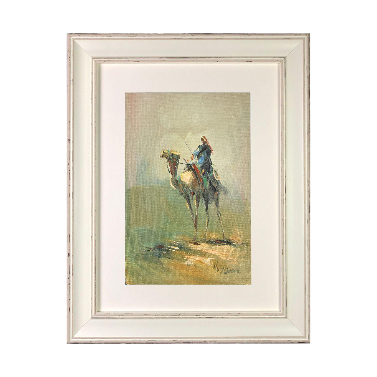 Bedouin Rider on Camel in a Soft Green Haze - Knife Art Oil &amp; Acrylic Painting in White Distressed Frame