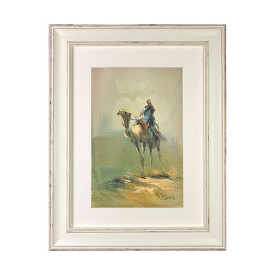 Bedouin Rider on Camel in a Soft Green Haze - Knife Art Oil &amp; Acrylic Painting in White Distressed Frame