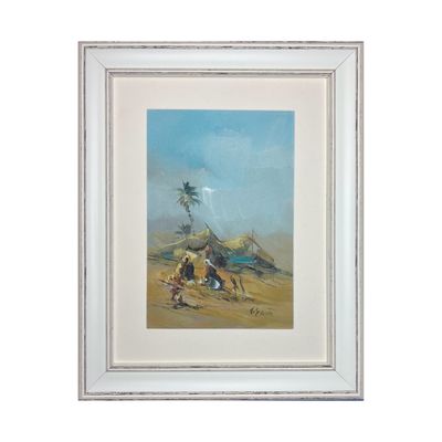 Bedouin Couple & Tent - Knife Art Oil Painting in Distressed Frame Bedouin Couple & Tent - Knife Art Oil Painting in Distressed Frame
