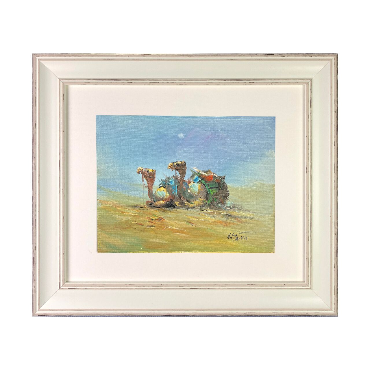 Two Camels in the Desert – Original Textured Oil Painting in Distressed Frame