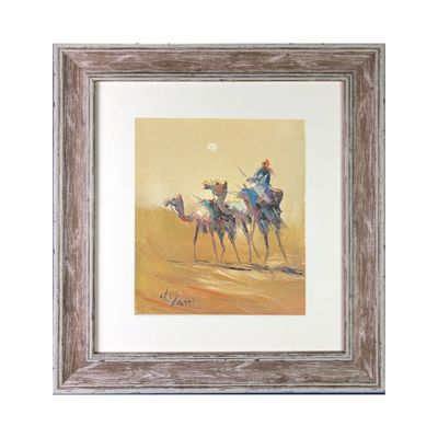 A Bedouin &amp; his Camels - Knife Art Oil Painting in Distressed Frame