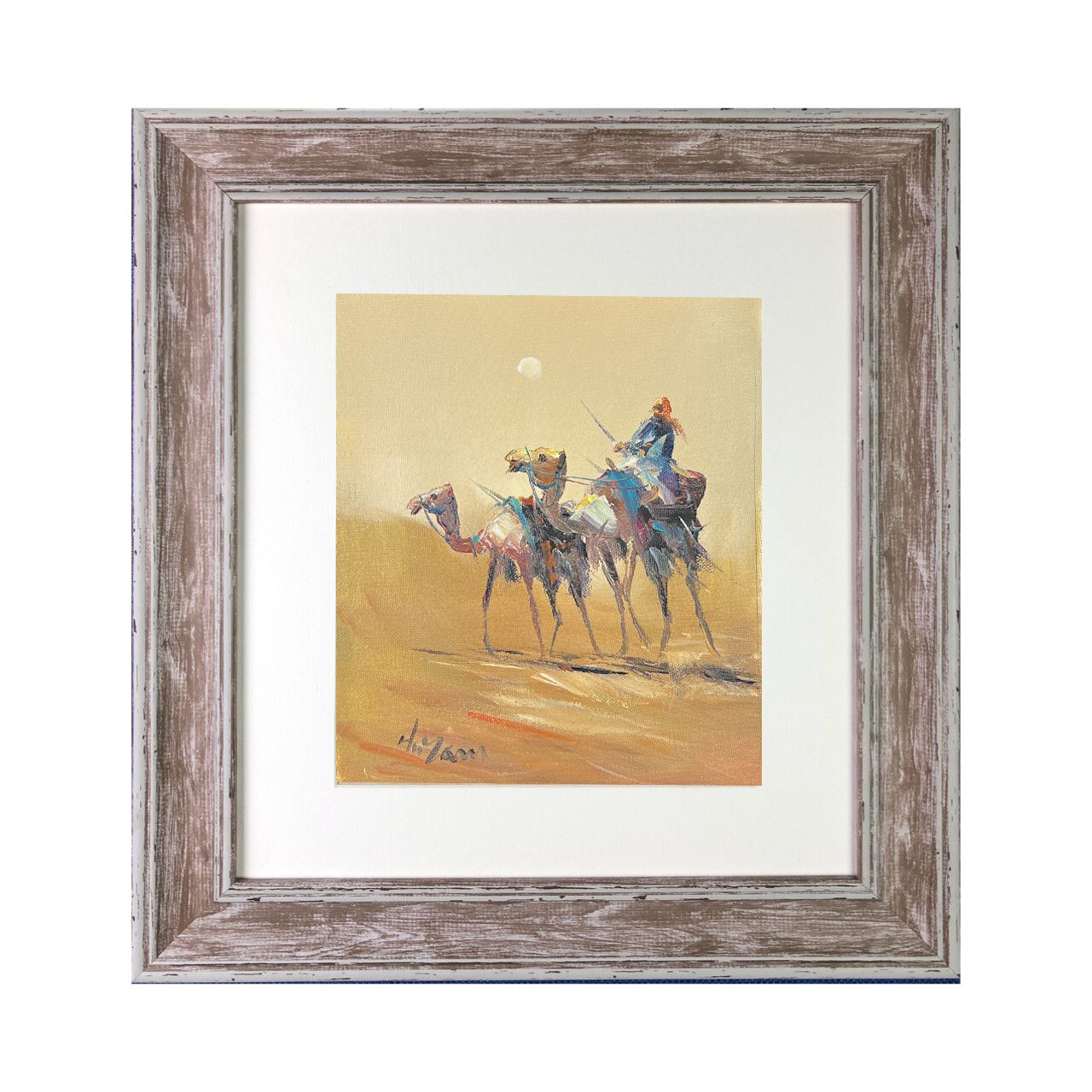 A Bedouin &amp; his Camels - Knife Art Oil Painting in Distressed Frame, Frame: Distressed Frame