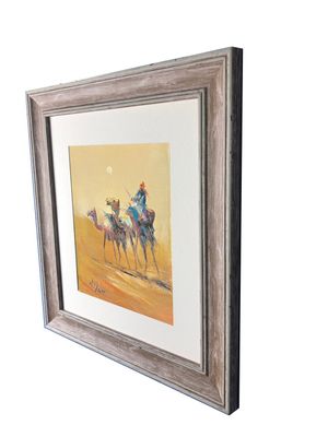 A Bedouin &amp; his Camels - Knife Art Oil Painting in Distressed Frame