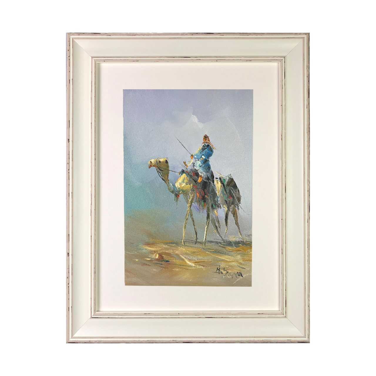 Bedouin &amp; Camel in the Desert - Knife Art Oil Painting in Distressed Frame, Frame: Distressed Frame