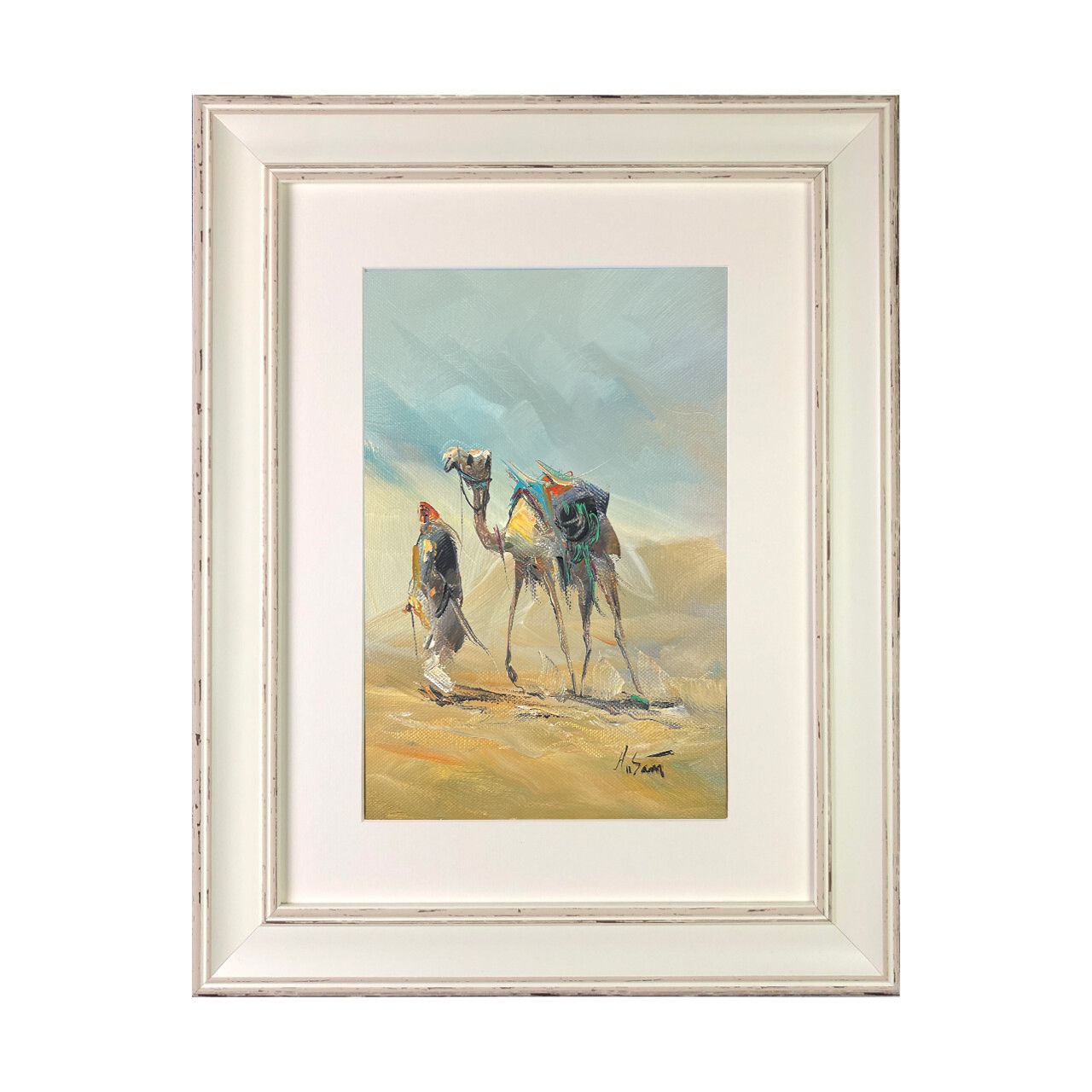 Bedouin &amp; Camel - Knife Art Oil Painting in Distressed Frame, Frame: Distressed Frame