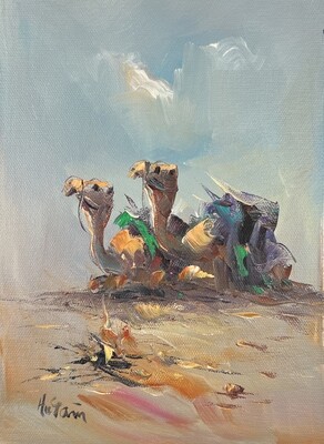 Two Camels in the Desert - Knife Art Oil Painting in Distressed Frame