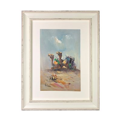 Two Camels in the Desert - Knife Art Oil Painting in Distressed Frame