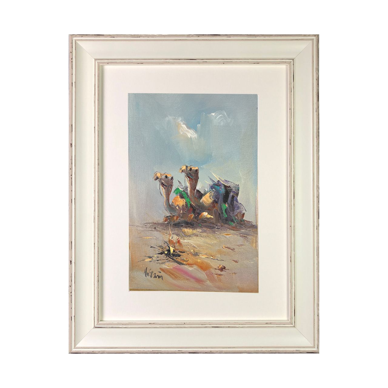 Two Camels in the Desert - Knife Art Oil Painting in Distressed Frame, Frame: Distressed Frame