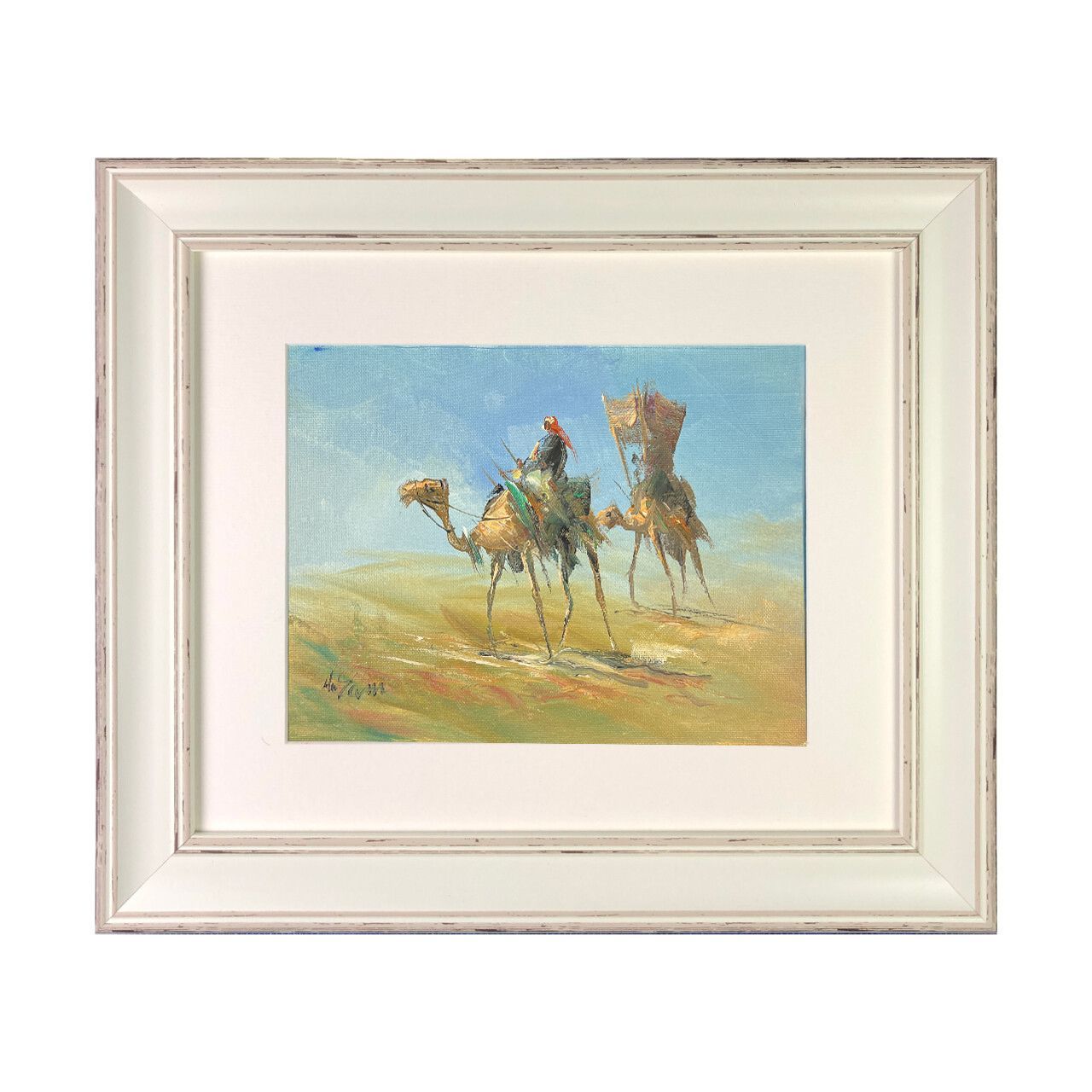 A Bedouin Couple in the Desert -  Knife Art Oil Painting in Distressed Frame, Frame: Distressed Frame