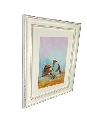 A Bedouin resting with his Camel - Knife Art Oil Painting in Distressed Frame