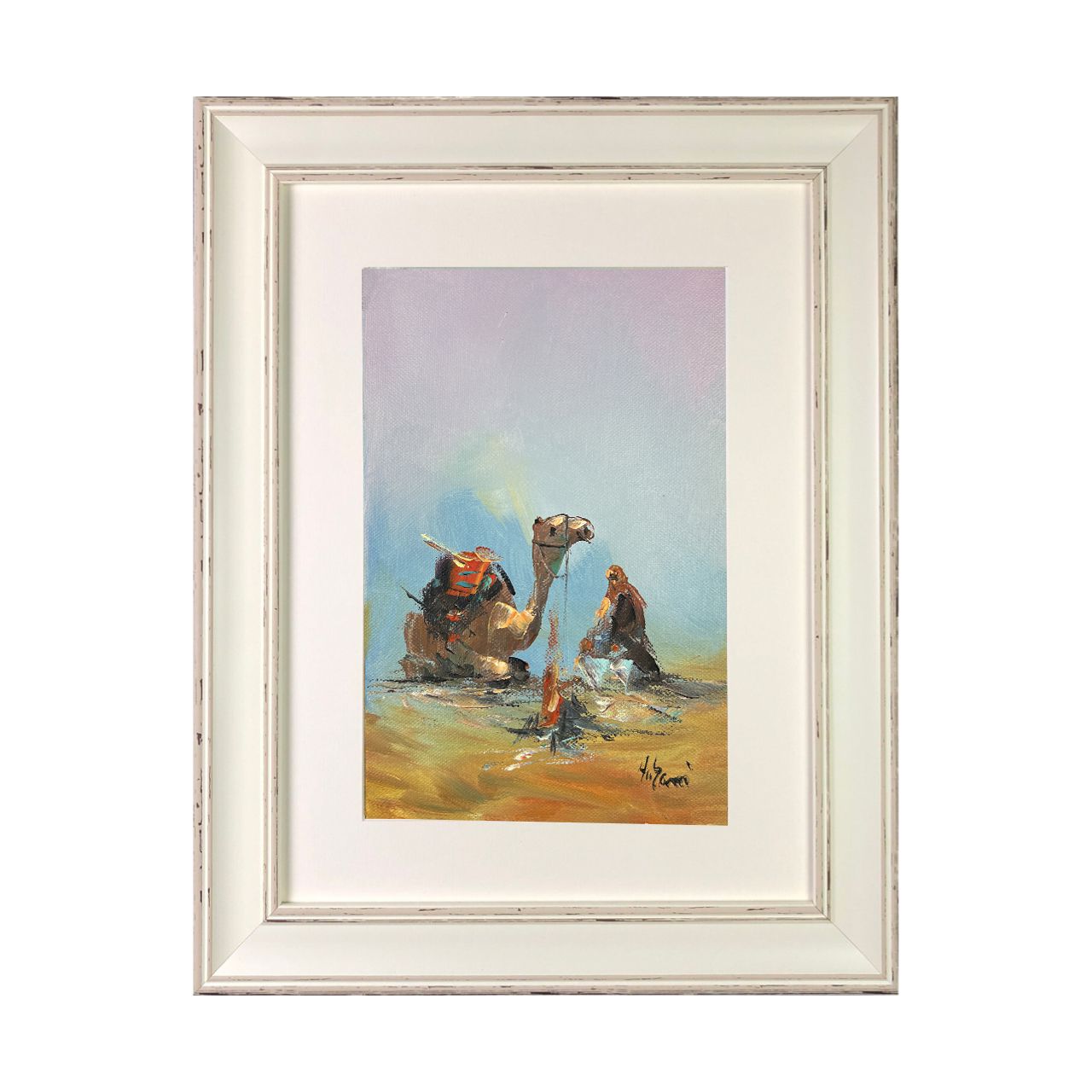 A Bedouin resting with his Camel - Knife Art Oil Painting in Distressed Frame A Bedouin resting with his Camel - Knife Art Oil Painting in Distressed Frame, Frame: Distressed Frame