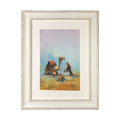 A Bedouin resting with his Camel - Knife Art Oil Painting in Distressed Frame
