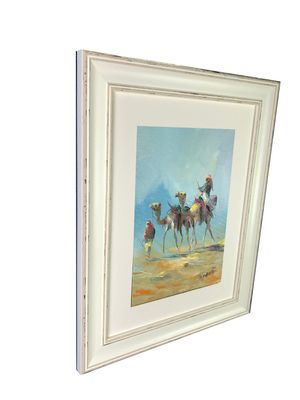 Bedouin Riders &amp; Camels in the Desert - Knife Art Oil Painting in Distressed Frame