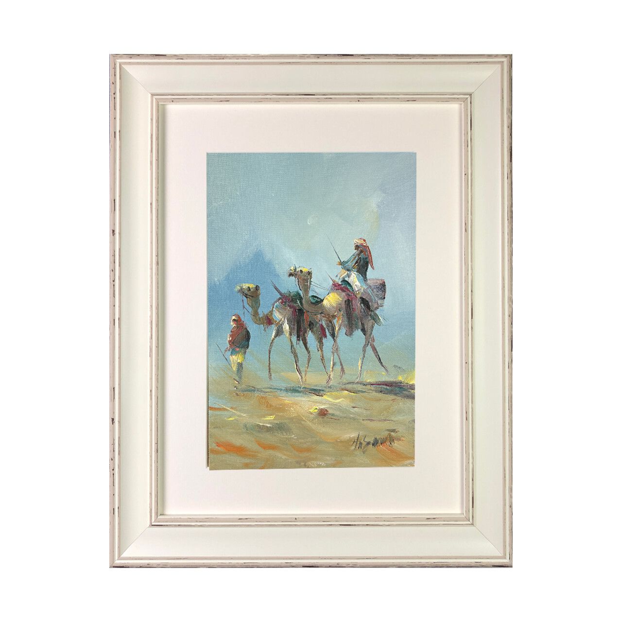 Bedouin Riders &amp; Camels in the Desert - Knife Art Oil Painting in Distressed Frame, Frame: Distressed Frame