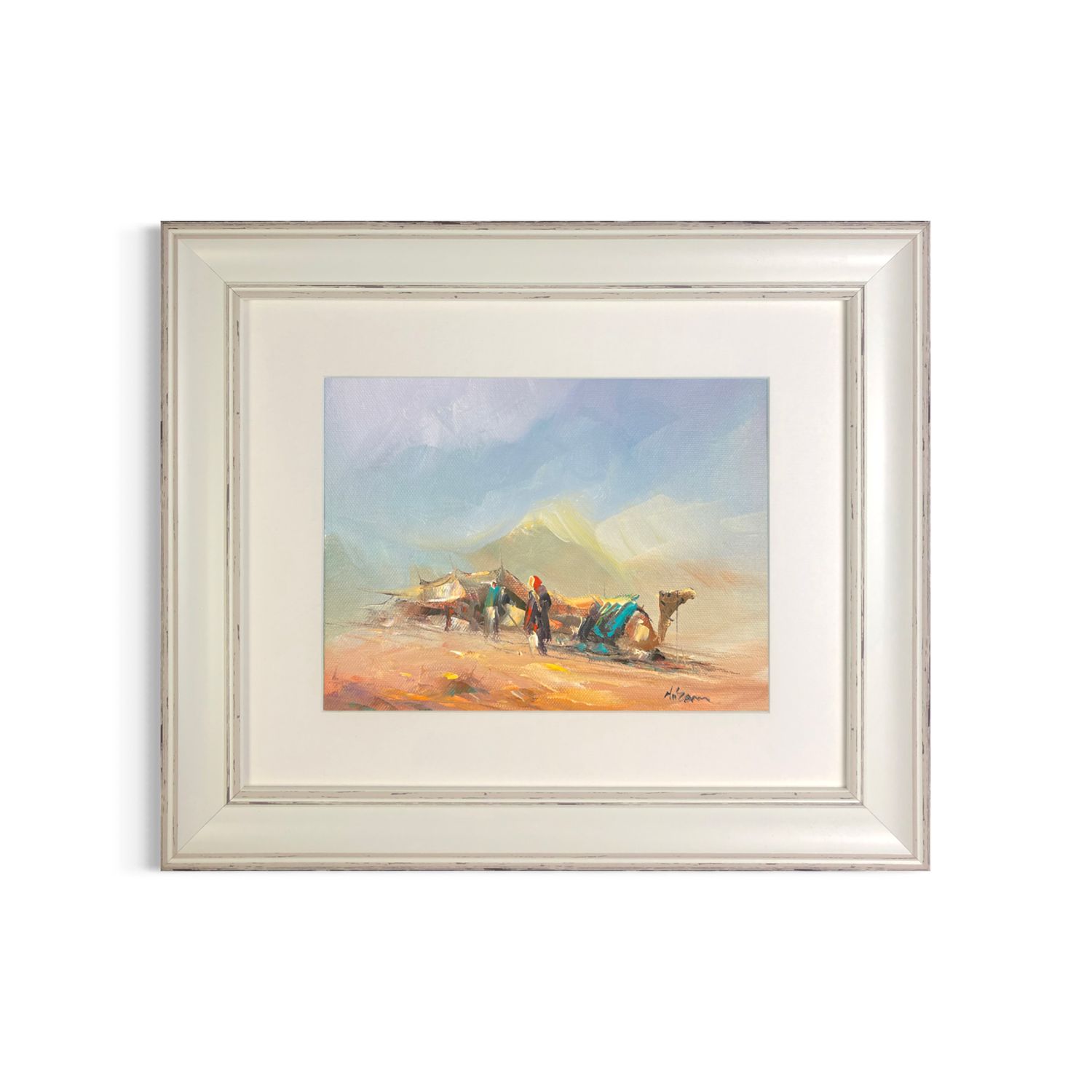 Bedouins, Tent & Camel - Knife Art Oil Painting in Distressed Frame Bedouins, Tent & Camel - Knife Art Oil Painting in Distressed Frame, Frame: Distressed Frame