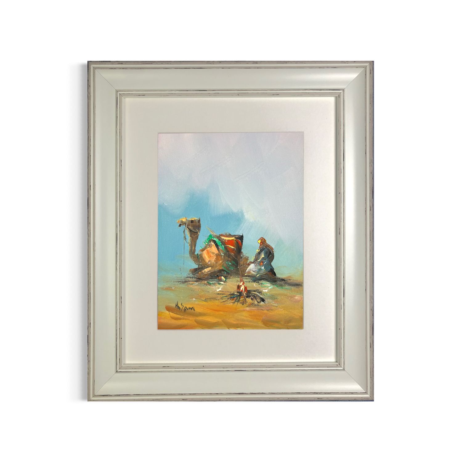 Bedouin Resting with Camel by a Campfire under a Turquoise Sky in White Distressed Frame, Frame: White Distressed Frame