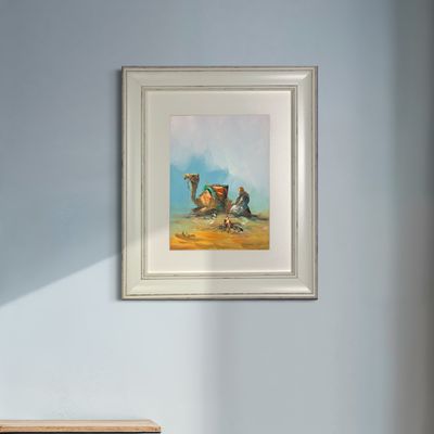 Bedouin Resting with Camel by a Campfire under a Turquoise Sky -  in White Distresse Frame