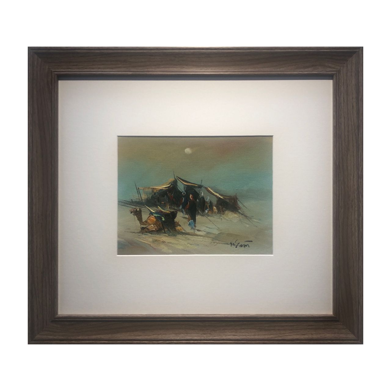 Bedouin Family &amp; Camel – Original Textured Oil Painting in Brown Frame