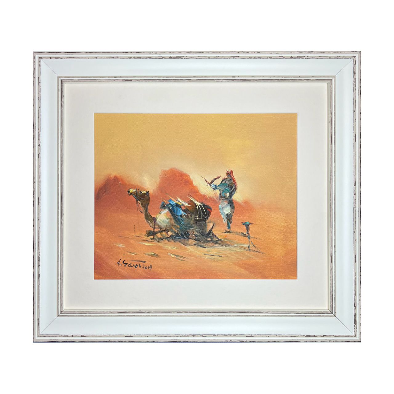 Bedouin &amp; Camel - Knife Art Oil Painting in White Distressed Frame
