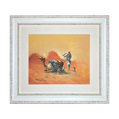 Bedouin &amp; Camel - Knife Art Oil Painting in White Distressed Frame