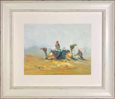 Two Bedouins Resting with Camels in the Desert - Knife Art Oil & Acrylic Painting in White Distressed Frame Two Bedouins Resting with Camels in the Desert - Knife Art Oil & Acrylic Painting in White Distressed Frame