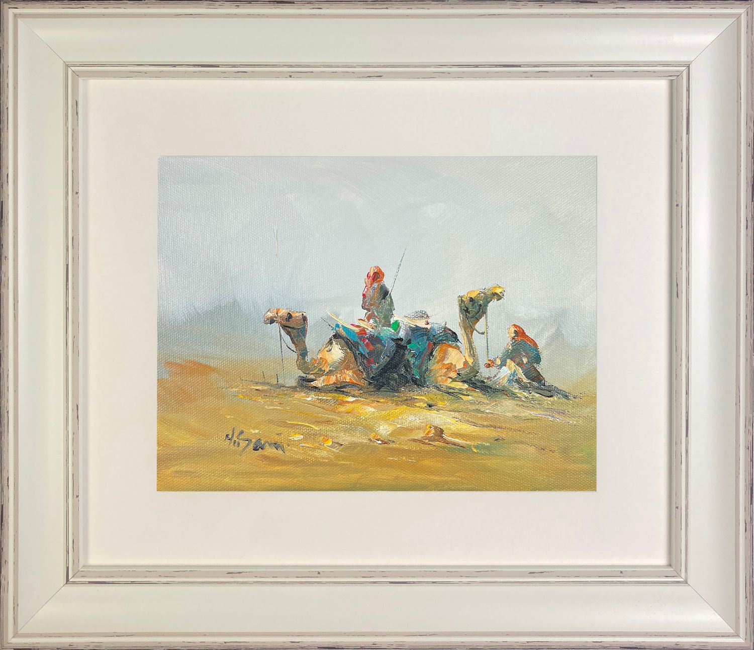 Two Bedouins Resting with Camels in the Desert - Knife Art Oil & Acrylic Painting in White Distressed Frame Two Bedouins Resting with Camels in the Desert - Knife Art Oil & Acrylic Painting in White Distressed Frame, Frame: Distressed Frame