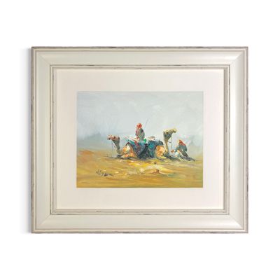 Two Bedouins Resting with Camels in the Desert - Knife Art Oil & Acrylic Painting in White Distressed Frame