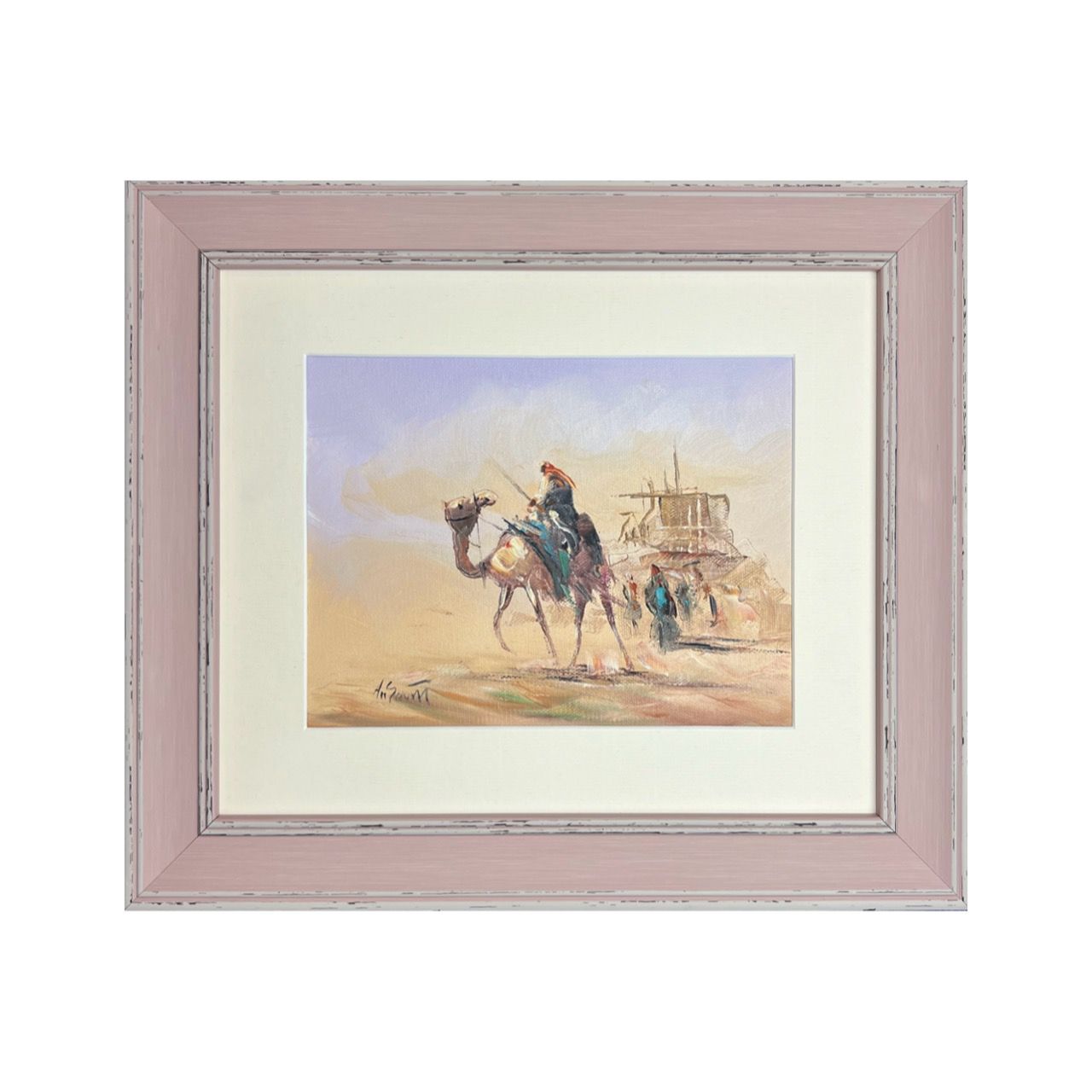Bedouin Rider, Villagers &amp; Village - Knife Art Oil Painting in Pink Distressed Frame