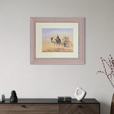 Bedouin Rider, Villagers & Village - Knife Art Oil Painting in Pink Distressed Frame