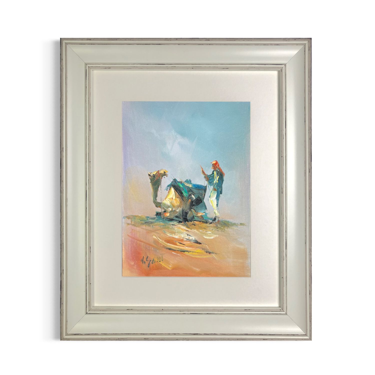 Bedouin &amp; Camel - Knife Art Oil Painting in Distressed Frame, Frame: Distressed Frame
