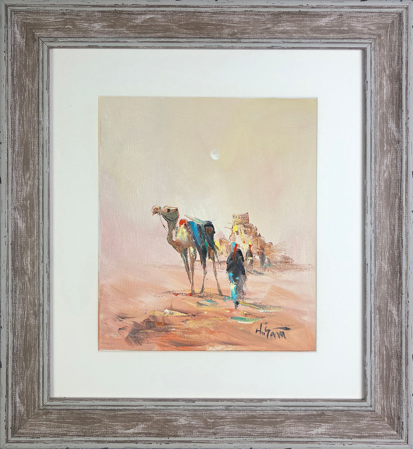 Bedouin &amp; Camel by a Desert Village in Soft Peach Light - Knife Art Oil &amp; Acrylic Painting in Brown Washed Distressed Frame, Frame: Distressed Frame