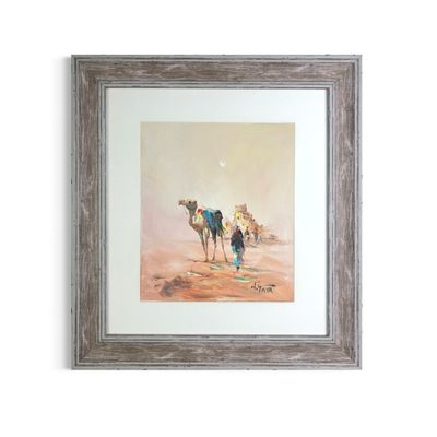 Bedouin &amp; Camel by a Desert Village in Soft Peach Light - Knife Art Oil &amp; Acrylic Painting in Brown Washed Distressed Frame