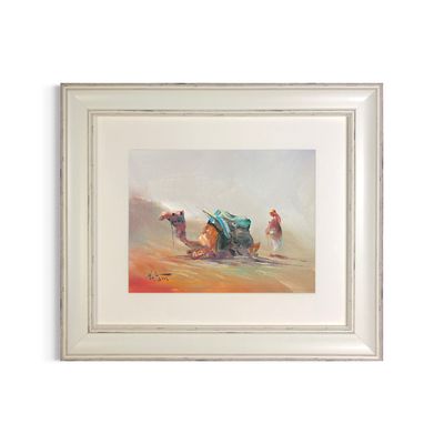 Bedouin &amp; Resting Camel in Misty Desert - Knife Art Oil Painting in Distressed Frame