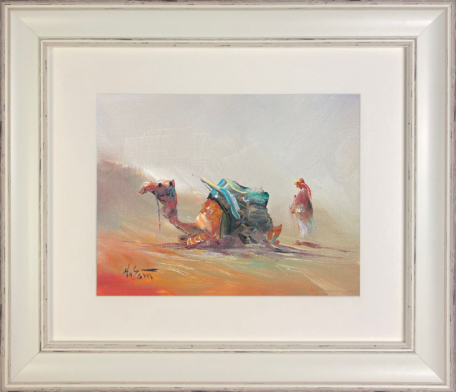 Bedouin & Resting Camel in Misty Desert - Knife Art Oil Painting in Distressed Frame Bedouin & Resting Camel in Misty Desert - Knife Art Oil Painting in Distressed Frame, Frame: Distressed Frame