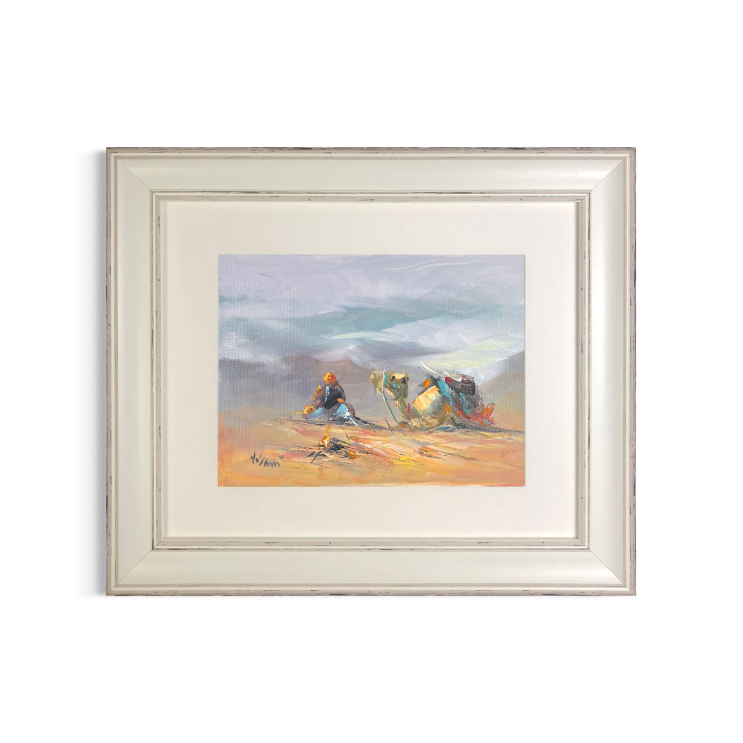 Bedouin &amp; Camel by the Campfire under a Stormy Sky - Knife Art Oil &amp; Acrylic Painting in Distressed Frame, Frame: Distressed Frame