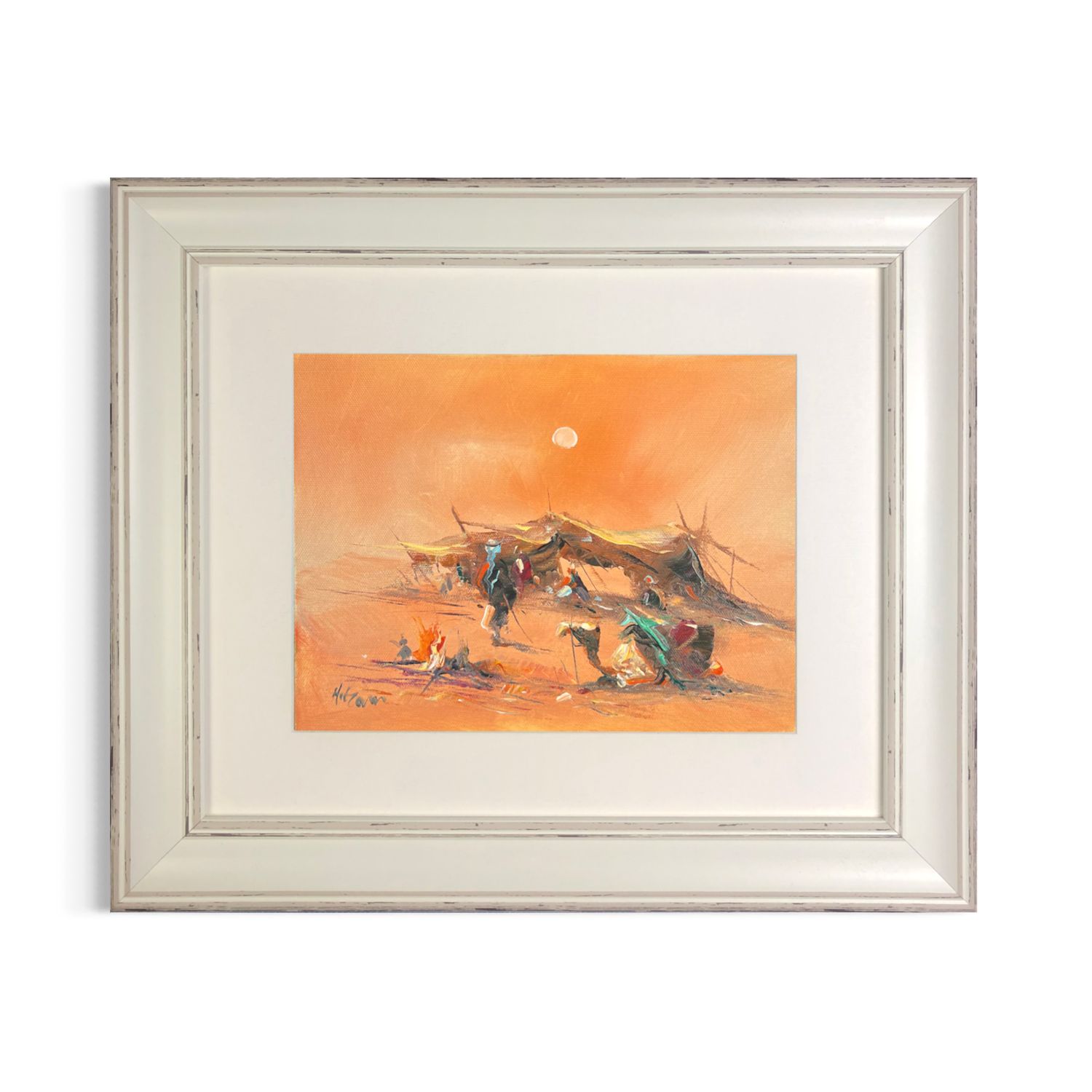 Bedouin Camp with Campfire &amp; Camel - Knife Art Oil &amp; Acrylic Painting in Distressed Frame, Frame: Distressed Frame