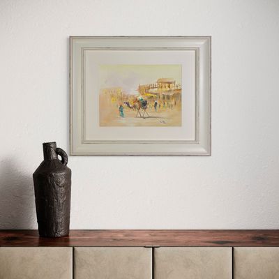 Bedouin Leading Camel through a Desert Village - Knife Art Oil &amp; Acrylic Painting in White Distressed Frame