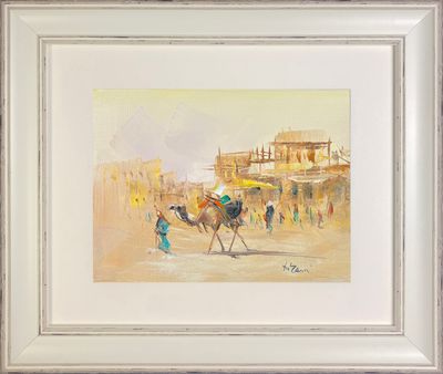 Bedouin Leading Camel through a Desert Village - Knife Art Oil &amp; Acrylic Painting in White Distressed Frame