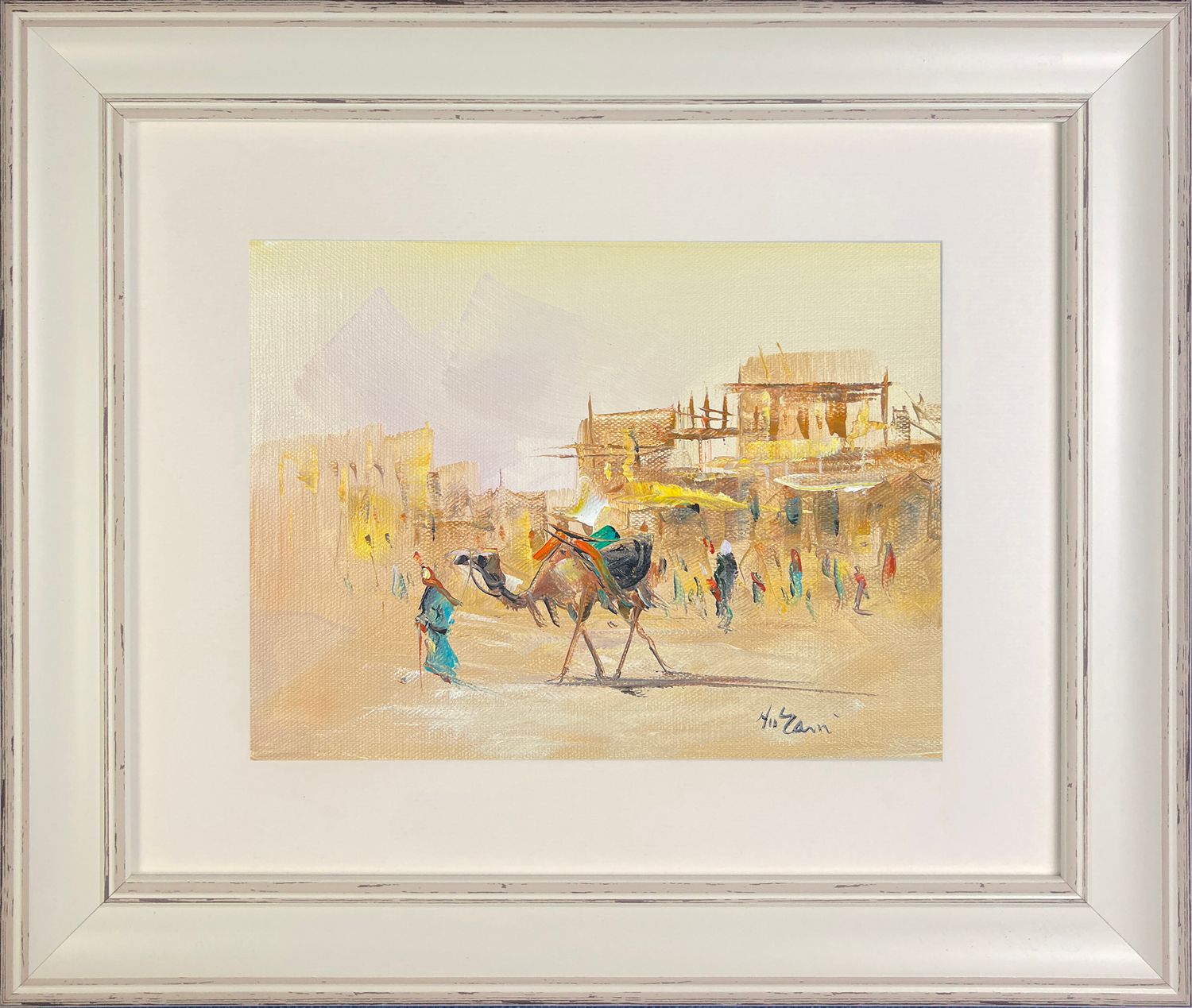 Bedouin Leading Camel through a Desert Village - Knife Art Oil &amp; Acrylic Painting in White Distressed Frame, Frame: Distressed Frame