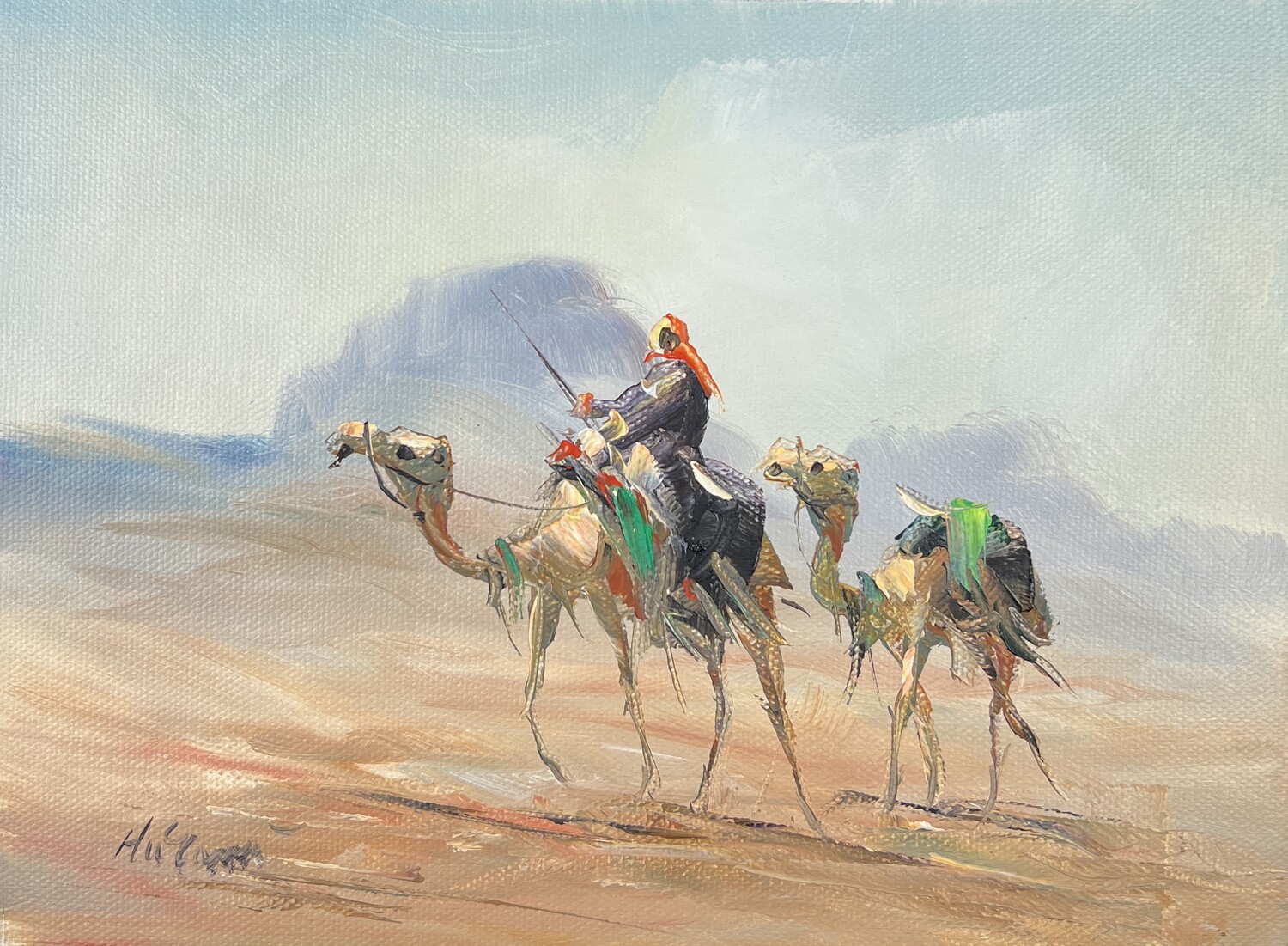 Bedouin Rider &amp; Two Camels on the Dunes - Knife Art Oil &amp; Acrylic Painting in White Distressed Frame, Frame: Distressed white Frame