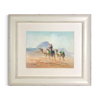 Bedouin Rider &amp; Two Camels on the Dunes - Knife Art Oil &amp; Acrylic Painting in White Distressed Frame