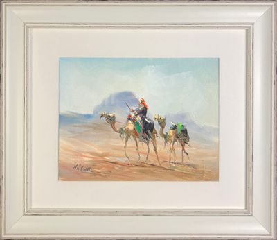 Bedouin Rider &amp; Two Camels on the Dunes - Knife Art Oil &amp; Acrylic Painting in White Distressed Frame