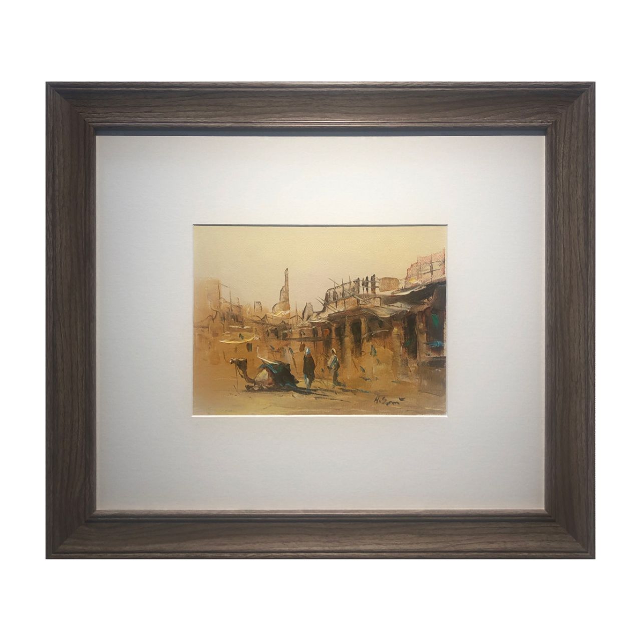 Village, Dwellers &amp; Camel - Knife Art Oil Painting in Brown Frame