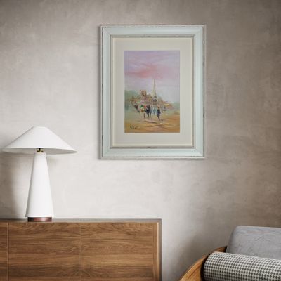 Village, Dwellers & Camel - Knife Art Oil Painting in White Distressed Frame