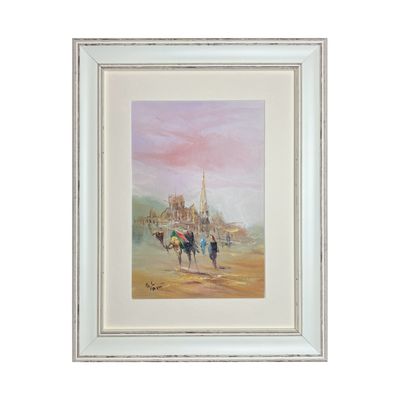 Village, Dwellers &amp; Camel - Knife Art Oil Painting in White Distressed Frame
