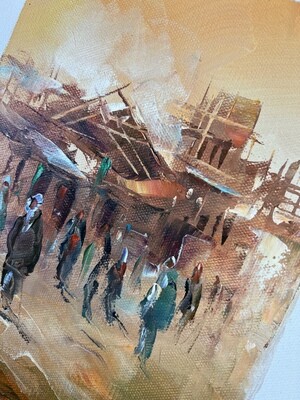 Desert Villagers and Village - Knife Art Oil Painting in Distressed Frame