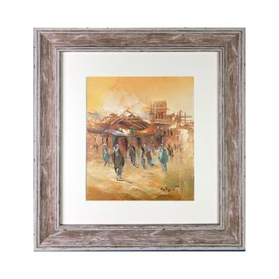 Desert Villagers and Village - Knife Art Oil Painting in Distressed Frame