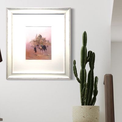 Desert Villagers and Mosque - Knife Art Oil Painting in White distressed Frame