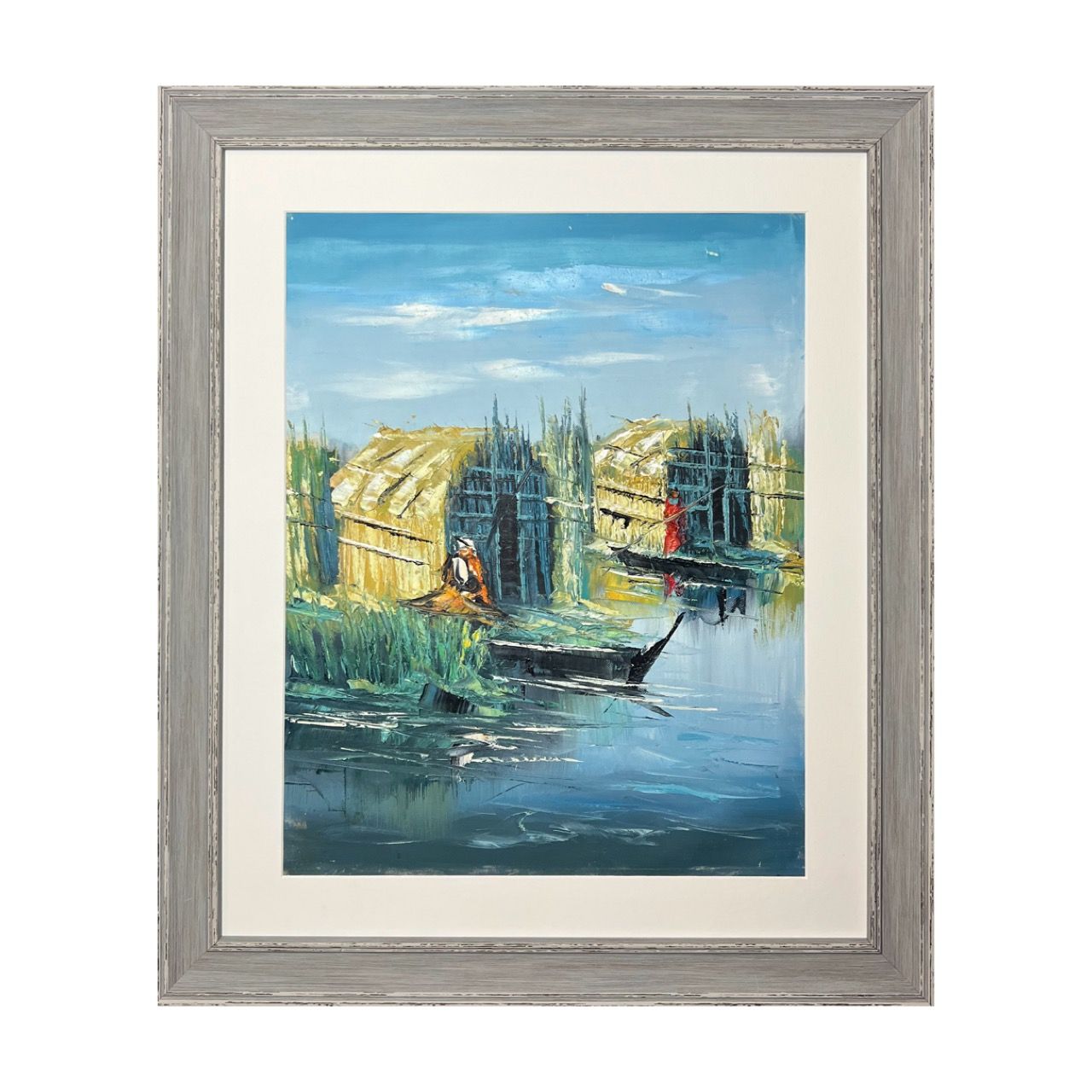 Boat and Hut - Knife Art Oil Painting in Blue Distressed Frame Boat and Hut - Knife Art Oil Painting in Blue Distressed Frame